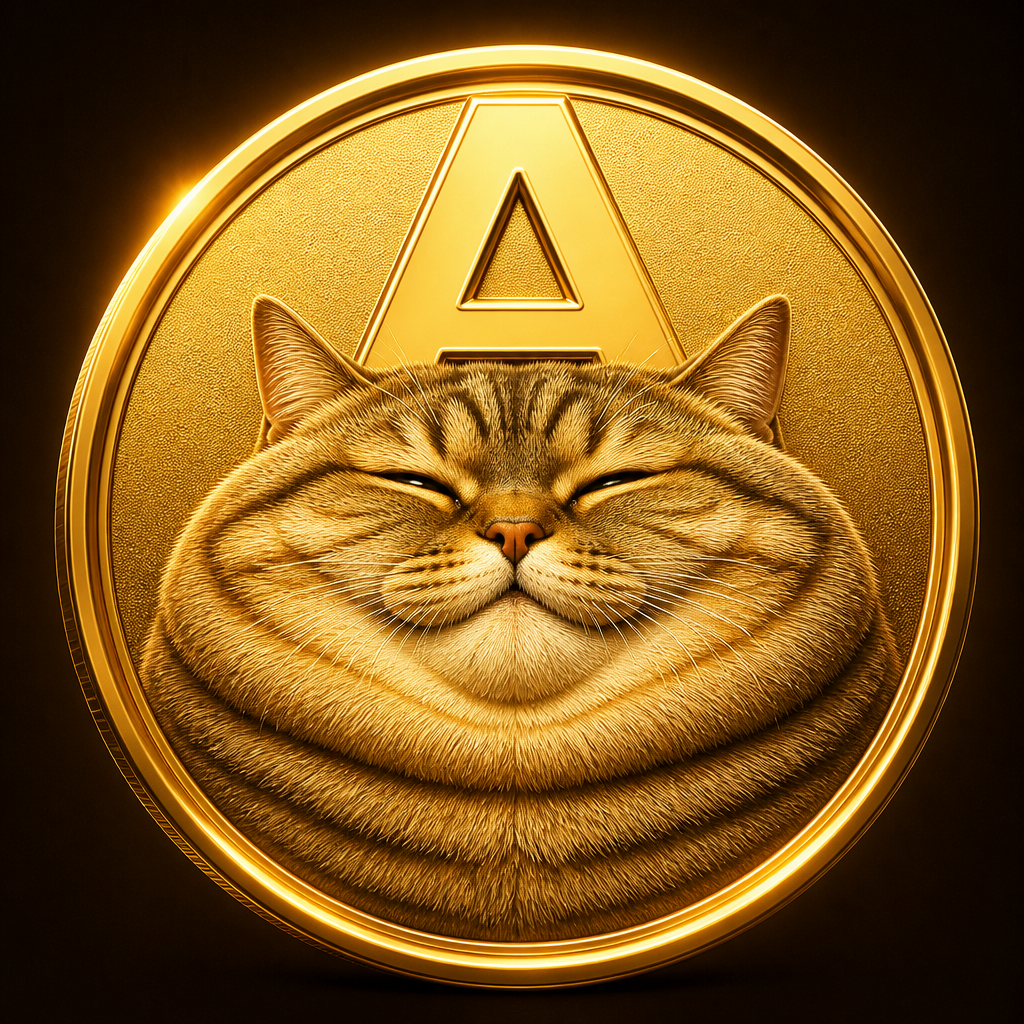 The official $ATE coin: an extremely fat cat on a gold medallion
